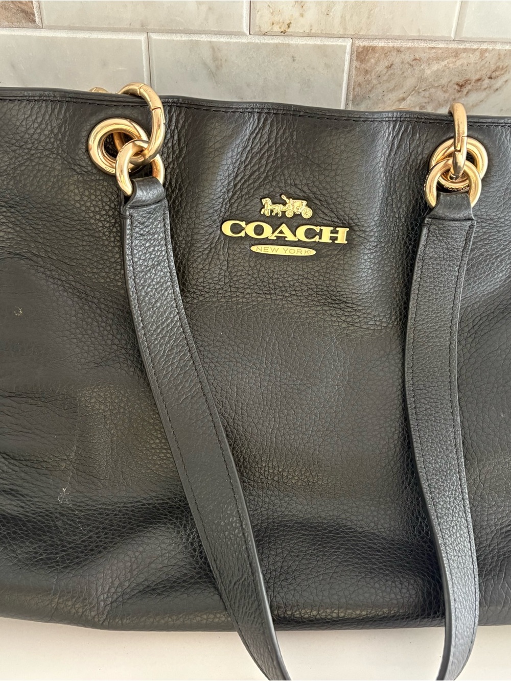 Coach Black Leather Tote with Gold-Tone Accents